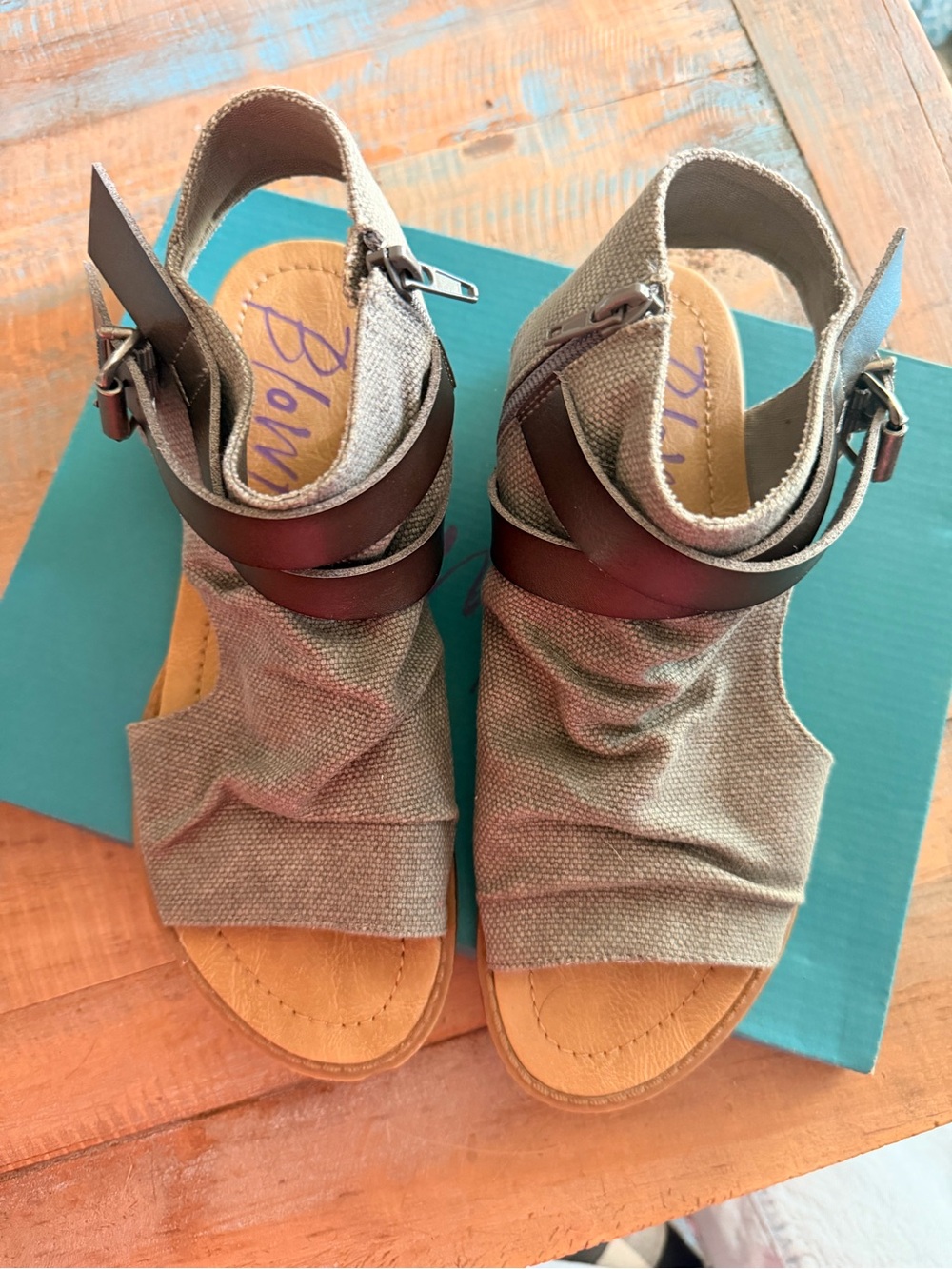 Blowfish Gray Canvas Ankle Sandals with Brown Accent